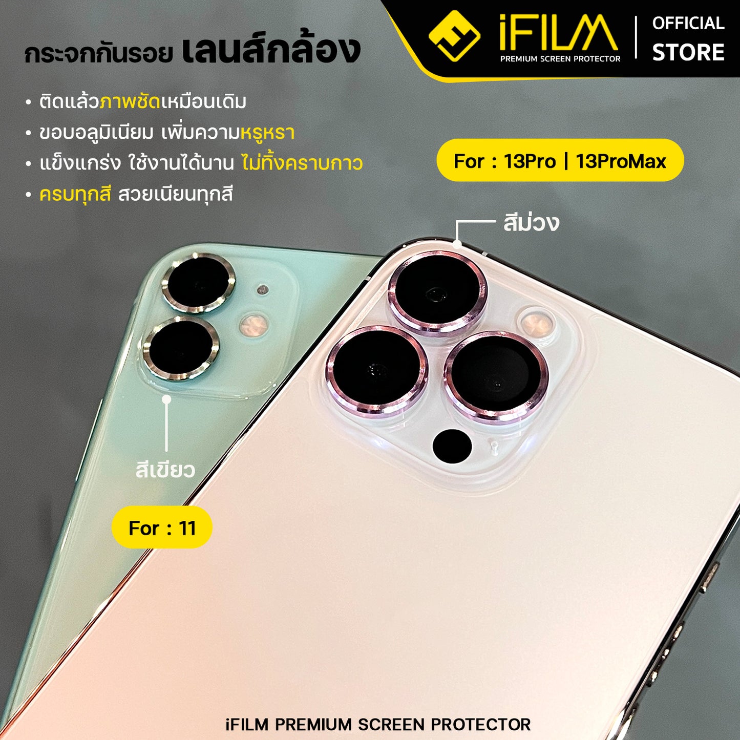 ifilm ฟิล์มกระจก เลนส์กล้อง วงสีๆ for iphone 13 / iphone 14 series ฟิล์มกันรอย เลนส์กล้อง film lens aluminum ring