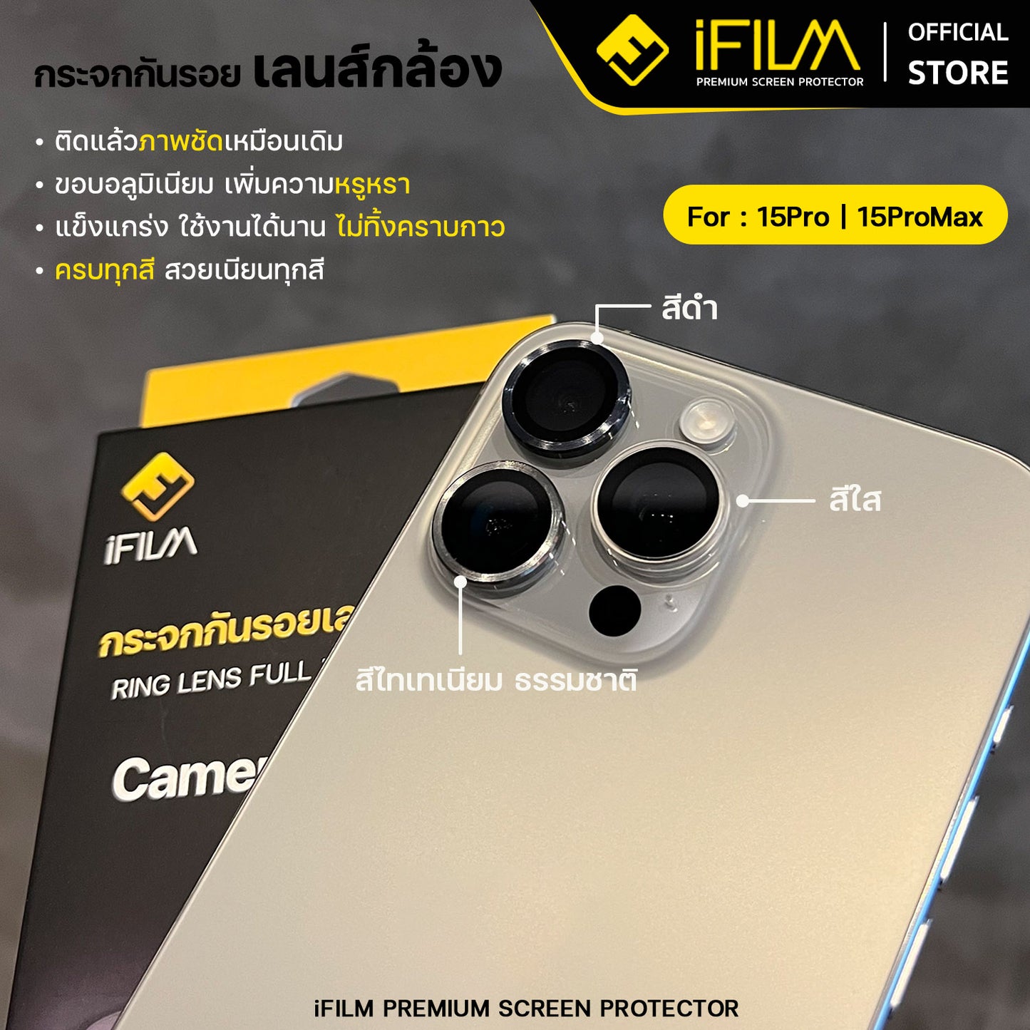 ifilm ฟิล์มกระจก เลนส์กล้อง วงสีๆ for iphone 15 series ฟิล์มกันรอย เลนส์กล้อง film lens aluminum ring