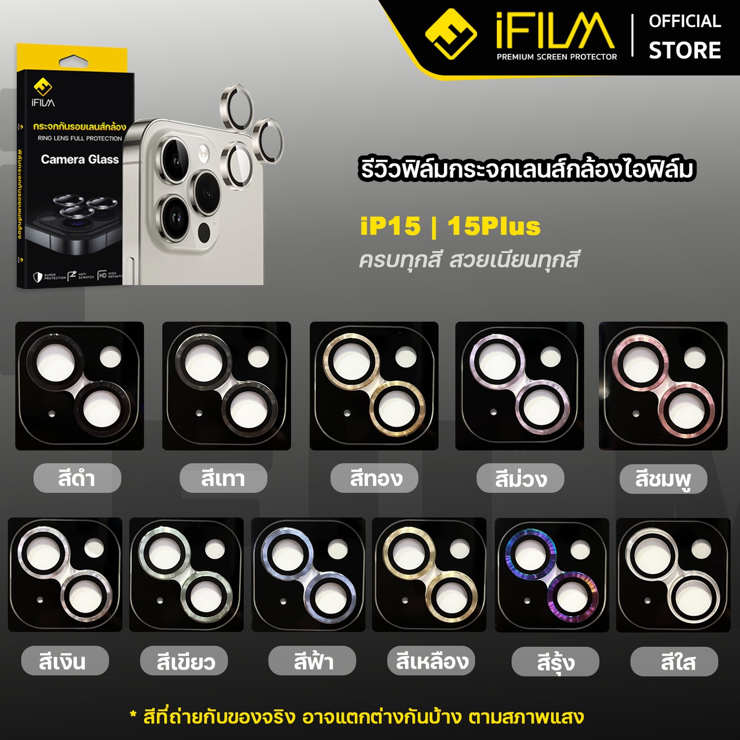 ifilm ฟิล์มกระจก เลนส์กล้อง วงสีๆ for iphone 15 series ฟิล์มกันรอย เลนส์กล้อง film lens aluminum ring